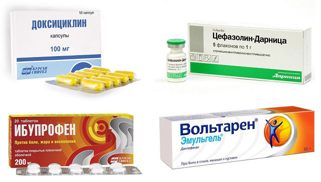 препараты Доксициклин, Цефазолин, Ибупрофен и Вольтарен